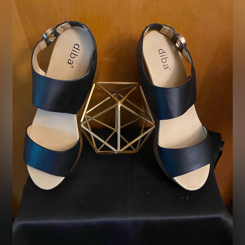 Diba Black Wedge Sandals with Tan Footbed